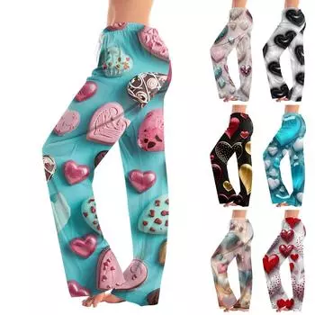Женские повседневные прямые брюки с принтом в виде сердца ко Дню святого Валентина XL