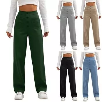 Женские повседневные прямые брюки с высокой талией и пуговицами, эластичные деловые рабочие брюки с несколькими карманами M