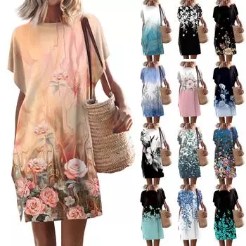 Женские повседневные пуловеры с круглым вырезом и принтом, короткие платья с разрезом и рукавами L чёрный