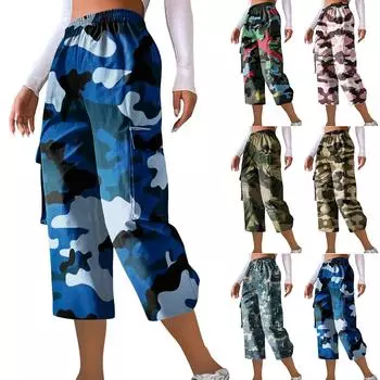 Женские повседневные рабочие брюки с эластичным поясом и укороченными брюками с камуфляжным принтом L армия зеленый