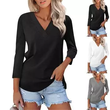 Женские повседневные рабочие топы с длинным рукавом, пуговицами, V-образным вырезом, стильная свободная туника S чёрный