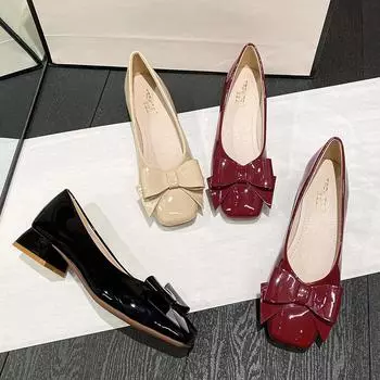 Женские повседневные рабочие туфли-лодочки на низком каблуке с квадратным закрытым носком на массивном каблуке и бантом для женщин. Удобные модельные свадебные туфли. Нескользящие туфли-лодочки. 34 чёрный