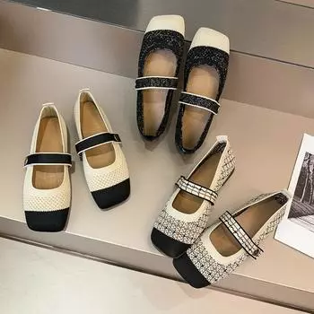 Женские повседневные рабочие туфли на плоской подошве с квадратным носком Туфли Мэри Джейн Удобные нарядные туфли для женщин Балетки с ремешками на щиколотке Трикотажные туфли без шнуровки на плоской подошве 35 чёрный