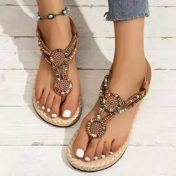 Женские повседневные римские туфли в стиле ретро на плоской подошве с нескользящей отделкой из бисера в семейном стиле 36