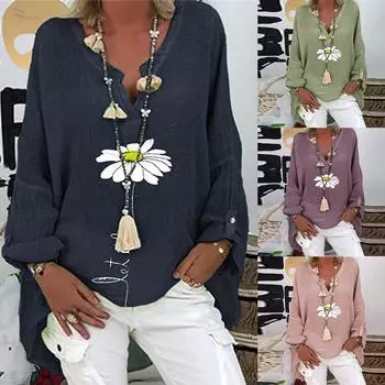 Женские повседневные рубашки из хлопка и льна с v-образным вырезом и принтом большого размера, топы L зелёный