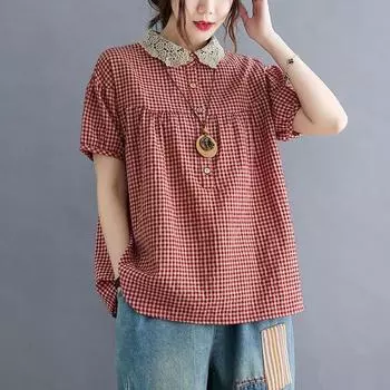 Женские повседневные рубашки из хлопка и льна больших размеров, летние свободные женские топы в клетку с воротником «Питер Пэн» в винтажном стиле M красный