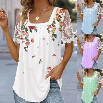 Женские повседневные рубашки, кружевная футболка с цветочным принтом, квадратный вырез, короткий рукав, модные свободные блузки, большие размеры S-5XL 5XL белый