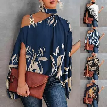 Женские повседневные рубашки на одно плечо с искусственным воротником и цветочным принтом, модные свободные футболки с верхом S чёрный