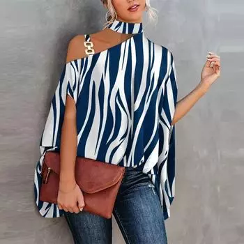 Женские повседневные рубашки на одно плечо с искусственным воротником и цветочным принтом, модные свободные футболки с верхом L синий