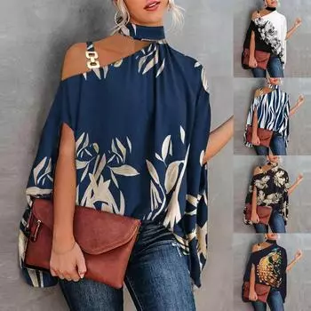 Женские повседневные рубашки на одно плечо с искусственным воротником и цветочным принтом, модные свободные футболки с верхом S чёрный