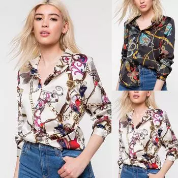Женские повседневные рубашки с длинными рукавами и цепочками с принтом, блузка с V-образным вырезом, футболка L бежевый