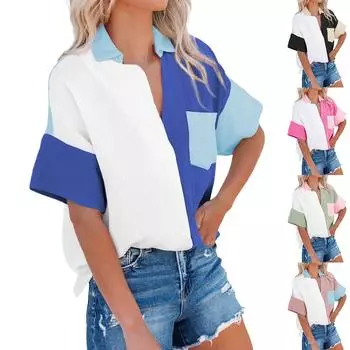 Женские повседневные рубашки с коротким рукавом и V-образным вырезом, блузки на пуговицах с цветными блоками, топы XL