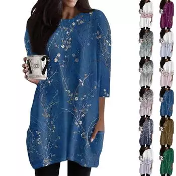 Женские повседневные рубашки с рукавами 3/4, модные туники с принтом, топы с карманами L армия зеленый