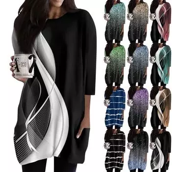 Женские повседневные рубашки с рукавами 3/4, модные туники с принтом, топы с карманами L чёрный