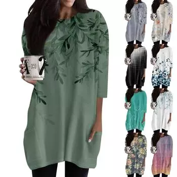 Женские повседневные рубашки с рукавами 3/4, модные туники с принтом, топы с карманами S