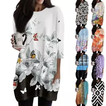 Женские повседневные рубашки с рукавами 3/4, модные туники с принтом, топы с карманами XXXL бежевый