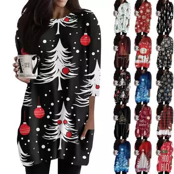 Женские повседневные рубашки с рукавами 3/4, модные рождественские принты, туники, топы с карманами XXL хаки