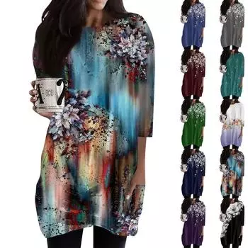 Женские повседневные рубашки с рукавами 3/4, модные туники с принтом, топы с карманами XXXL