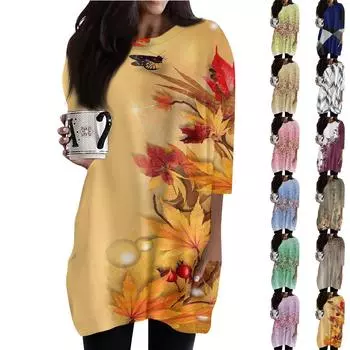 Женские повседневные рубашки с рукавами 3/4, модные туники с принтом, топы с карманами XXL кофейный