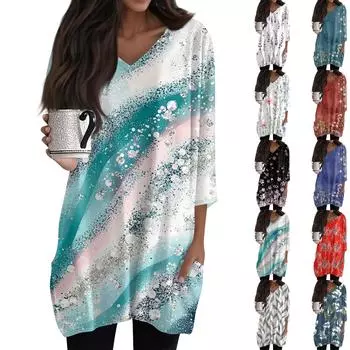 Женские повседневные рубашки с рукавами 3/4, модные туники с принтом, топы с карманами XXL зелёный