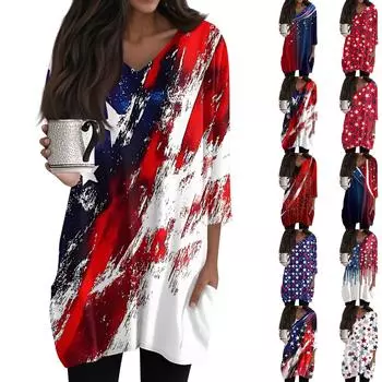 Женские повседневные рубашки с рукавами 3/4, модные туники с принтом, топы с карманами XXL