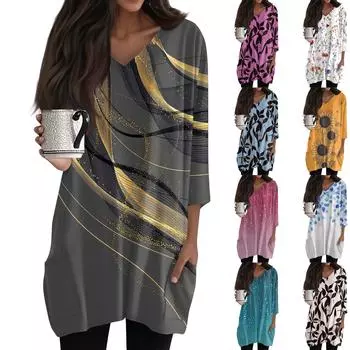 Женские повседневные рубашки с рукавами 3/4, модные туники с принтом, топы с карманами XL