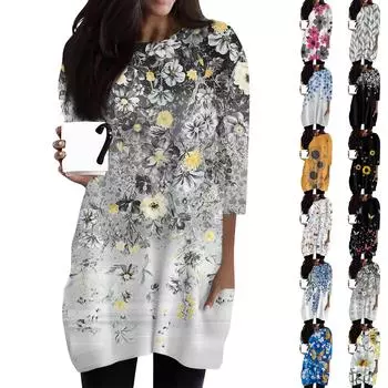 Женские повседневные рубашки с рукавами 3/4, модные туники с принтом, топы с карманами L чёрный