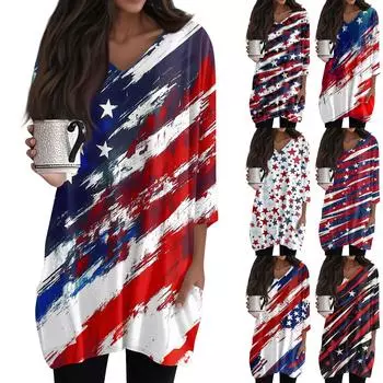 Женские повседневные рубашки с рукавами 3/4, модные туники с принтом, топы с карманами L синий