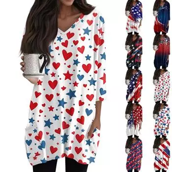 Женские повседневные рубашки с рукавами 3/4, модные туники с принтом, топы с карманами XXL винный