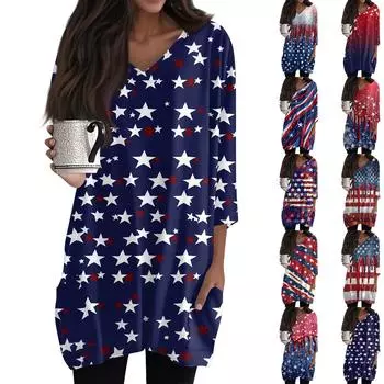 Женские повседневные рубашки с рукавами 3/4, модные туники с принтом, топы с карманами XXL тёмно-синий