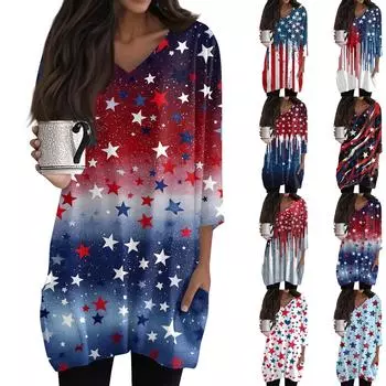 Женские повседневные рубашки с рукавами 3/4, модные туники с принтом, топы с карманами S синий