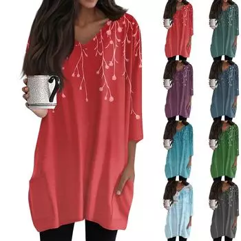 Женские повседневные рубашки с рукавами 3/4, модные туники с принтом, топы с карманами L чёрный