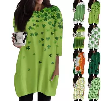 Женские повседневные рубашки с рукавом 3/4, модные туники с принтом Святого Патрика и карманами XXXL