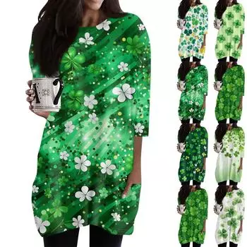 Женские повседневные рубашки с рукавом 3/4, модные туники с принтом Святого Патрика и карманами M