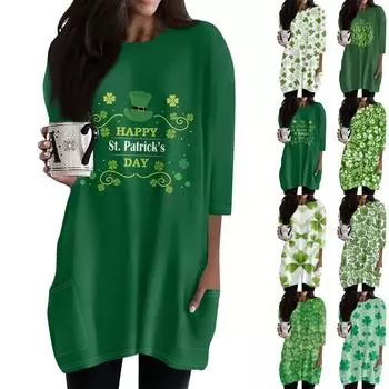 Женские повседневные рубашки с рукавом 3/4, модные туники с принтом Святого Патрика и карманами M