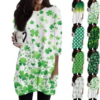 Женские повседневные рубашки с рукавом 3/4, модные туники с принтом Святого Патрика и карманами XXXL зелёный
