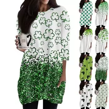 Женские повседневные рубашки с рукавом 3/4, модные туники с принтом Святого Патрика и карманами XXXL белый