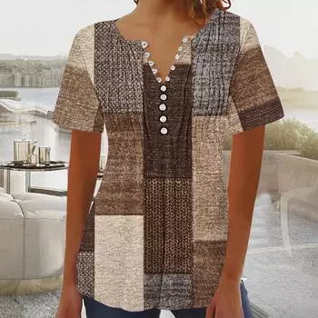 Женские повседневные рубашки с v-образным вырезом и короткими рукавами, на пуговицах и принтом, базовый корсет со рюшами, туники, топы, плиссированные футболки, блузки L разноцветный