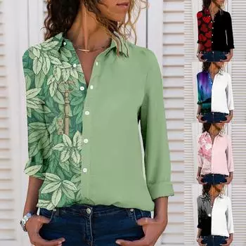 Женские повседневные рубашки с винтажным принтом, осенний однобортный топ с длинными рукавами и лацканами M чёрный