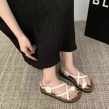 Женские повседневные сандалии 2024 года, новые летние черные туфли на платформе с застежкой-молнией, женские сандалии с перекрещивающимися ремешками сзади и плоской подошвой 35 чёрный