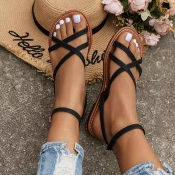 Женские повседневные сандалии 2024 года, новые летние универсальные модные римские туфли, удобные сандалии на плоской подошве, пляжная обувь для отпуска 36