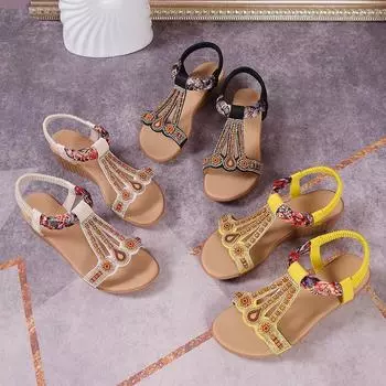 Женские повседневные сандалии без шнуровки с эластичной подошвой, металлическим декором и жемчужными стразами 36