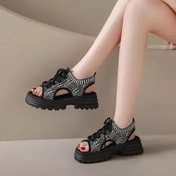 Женские повседневные сандалии, летние повседневные дышащие сетчатые спортивные сандалии с открытым носком и шнуровкой, новинка 2024 года, трикотажные сандалии на платформе для активного отдыха 35 бежевый