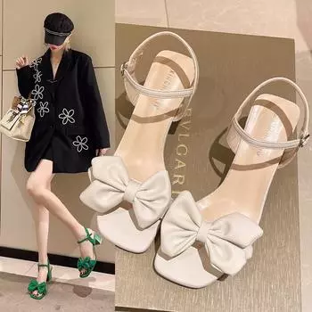 Женские повседневные сандалии на маленьком высоком каблуке с пряжкой и бантом в корейском стиле на массивном каблуке 35 жёлтый