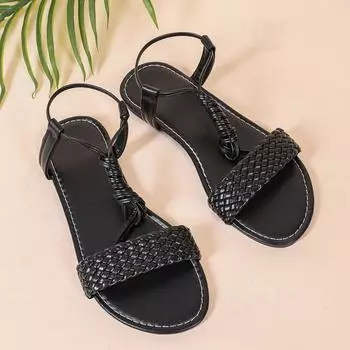 Женские повседневные сандалии на плоской подошве с плетеным дизайном, популярная черная удобная обувь, сандалии с ремешками, подходят для повседневной носки. 35