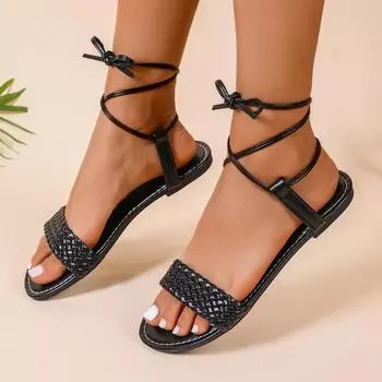 Женские повседневные сандалии на плоской подошве с плетеным дизайном, популярная черная удобная обувь, сандалии с ремешками, подходят для повседневной носки. 35