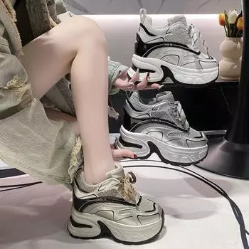 Женские повседневные сетчатые кроссовки 10 см, обувь на высокой платформе со шнуровкой, спортивная обувь для папы на толстой подошве, женские кроссовки Chaussure Femme 34 золотой