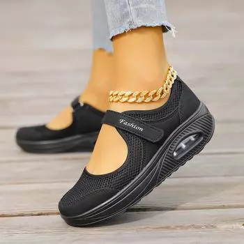Женские повседневные сетчатые кроссовки, дышащие и удобные туфли на платформе с мягкой подошвой, повседневная обувь на танкетке для ходьбы 35 чёрный