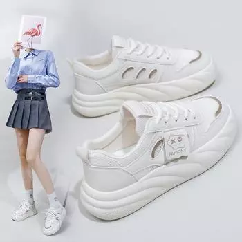 Женские повседневные сетчатые кроссовки на массивной платформе, нескользящие легкие дышащие прогулочные туфли на шнуровке, теннисные кроссовки, женские спортивная обувь из искусственной кожи 35 бежевый