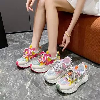 Женские повседневные сетчатые кроссовки на танкетке, противоскользящие легкие прогулочные туфли, летние дышащие кроссовки на шнуровке, спортивные теннисные кроссовки для женщин 34 фиолетовый